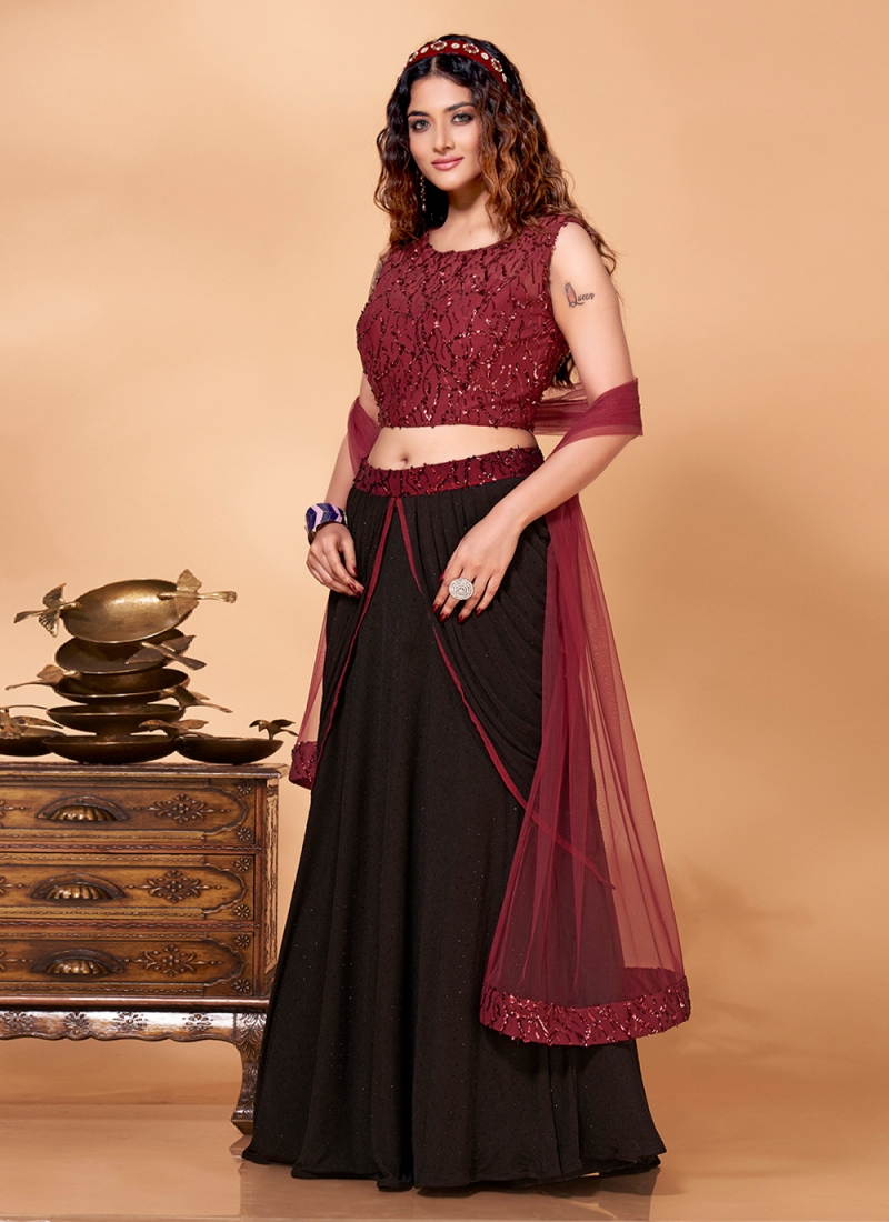 Cute Black and Maroon Sequins Fancy Fabric Lehenga Choli