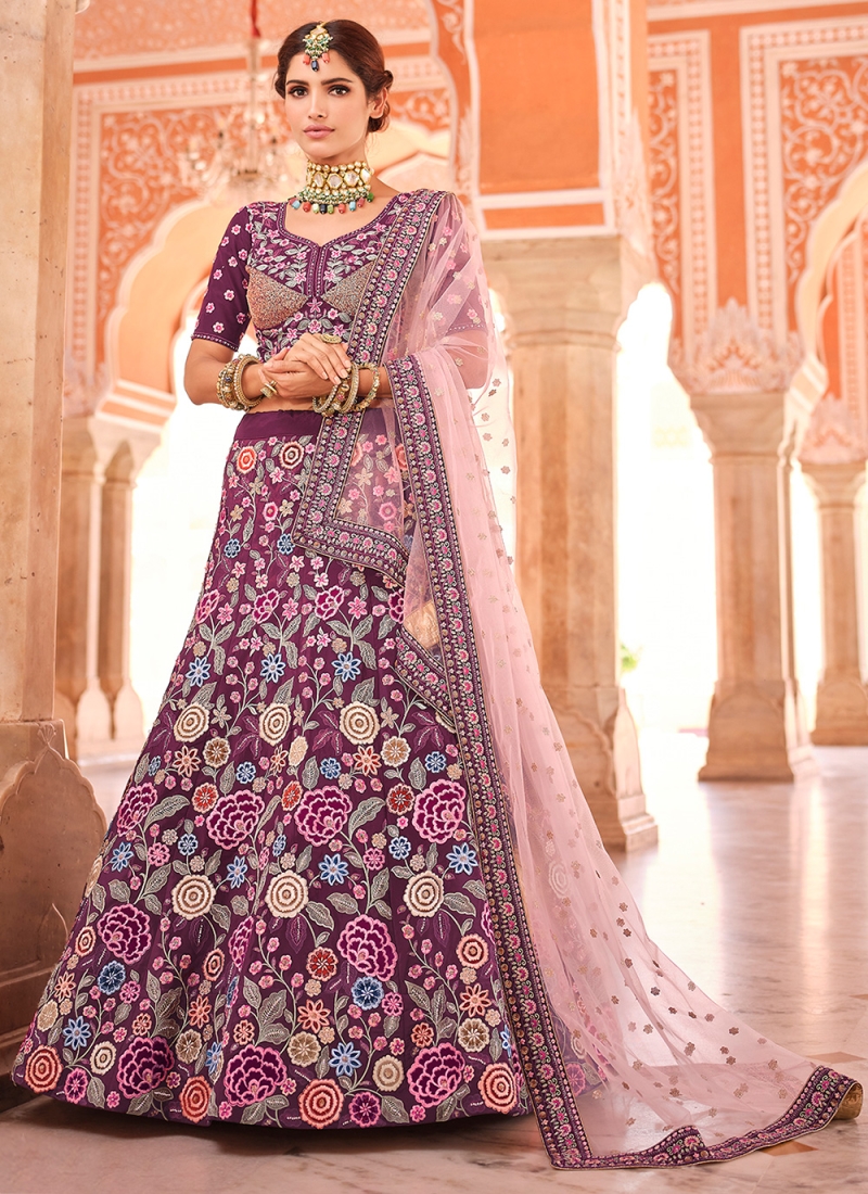 Cute Patch Border Wine Faux Crepe Lehenga Choli