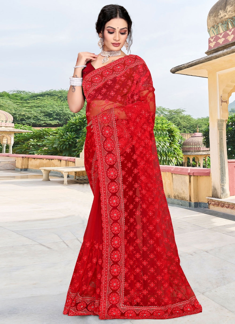 Cute Red Net Trendy Saree