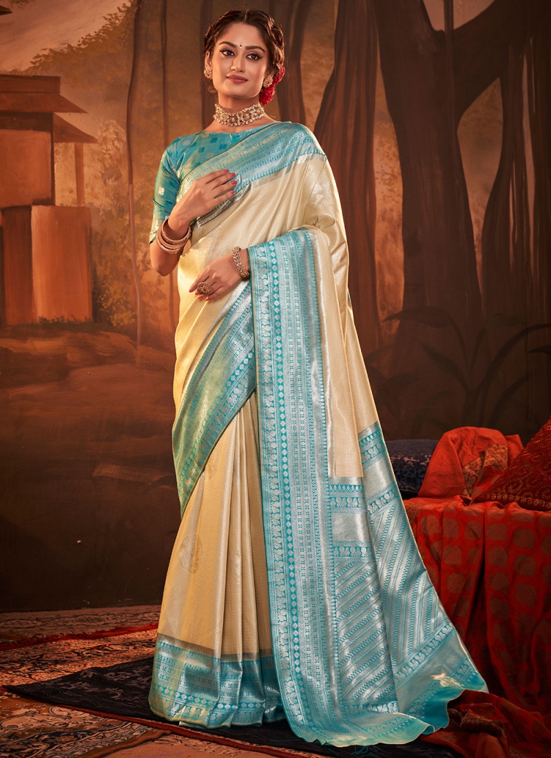 Dainty Weaving Blue and Cream Classic Saree