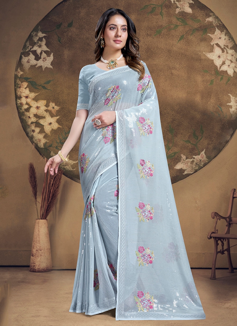 Delightful Aqua Blue Embroidered Silk Contemporary Saree