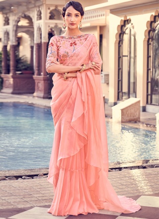 Delightsome Dori Work Organza Peach Ruffle Saree