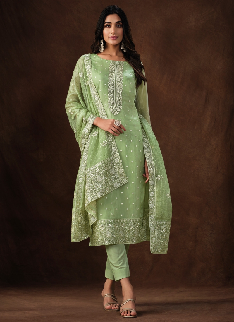 Delightsome Embroidered Organza Green Salwar Suit