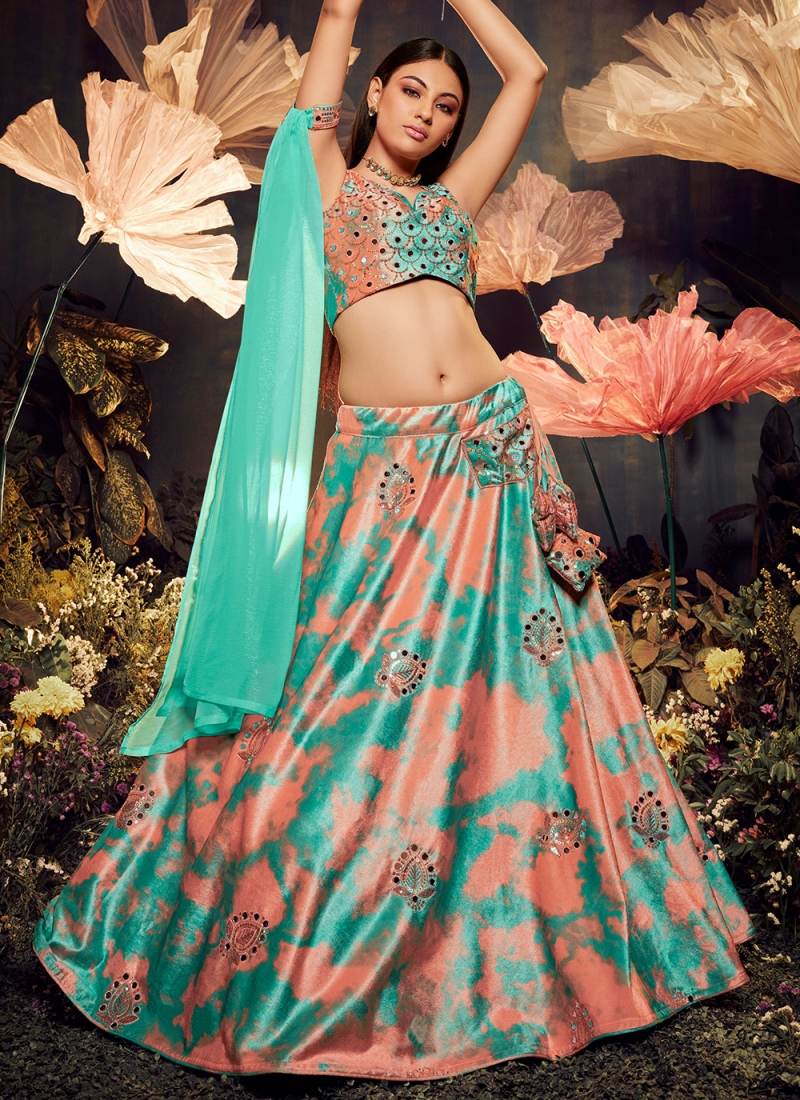 Delightsome Embroidered Peach and Turquoise Lehenga Choli