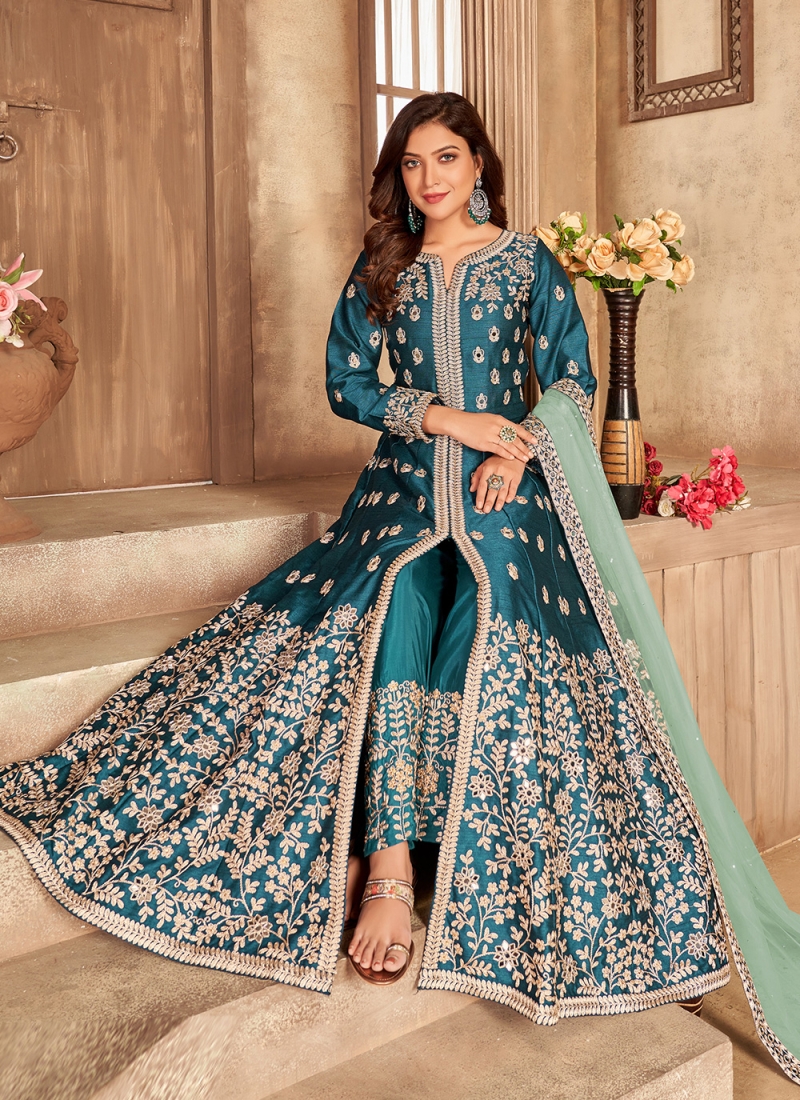 Delightsome Embroidered Teal Art Silk Floor Length Designer Suit