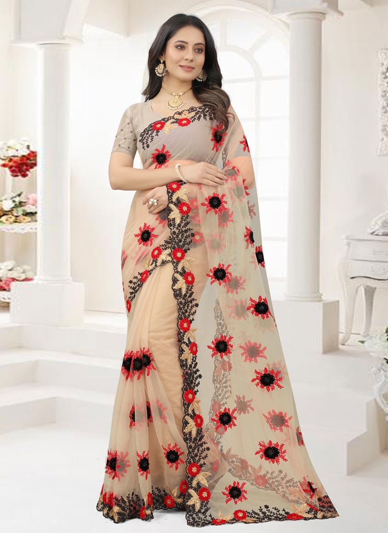 Deserving Net Embroidered Brown Saree