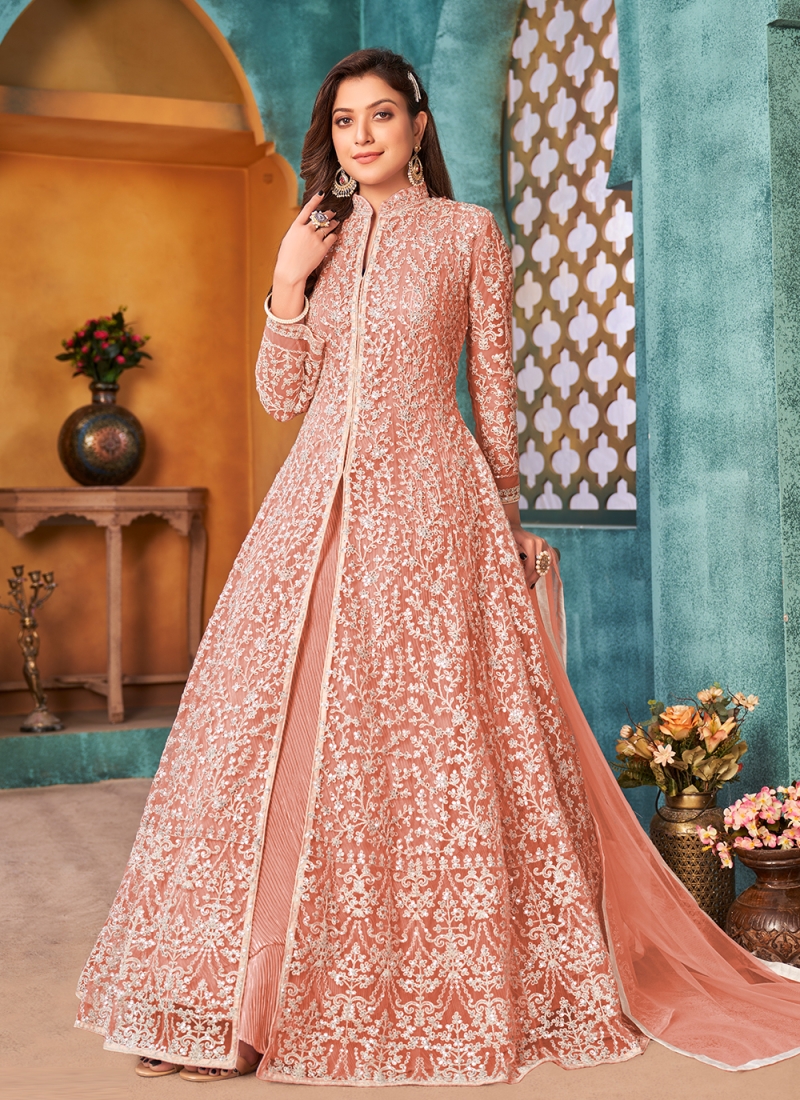 Designer Floor Length Suit Sequins Net in Pink