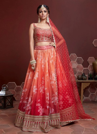 Designer Lehenga Choli Digital Print Silk in Orange