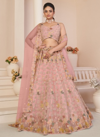 Designer Lehenga Choli Embroidered Net in Rose Pink