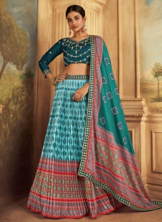 Designer Lehenga Choli Embroidered Silk in Aqua Blue