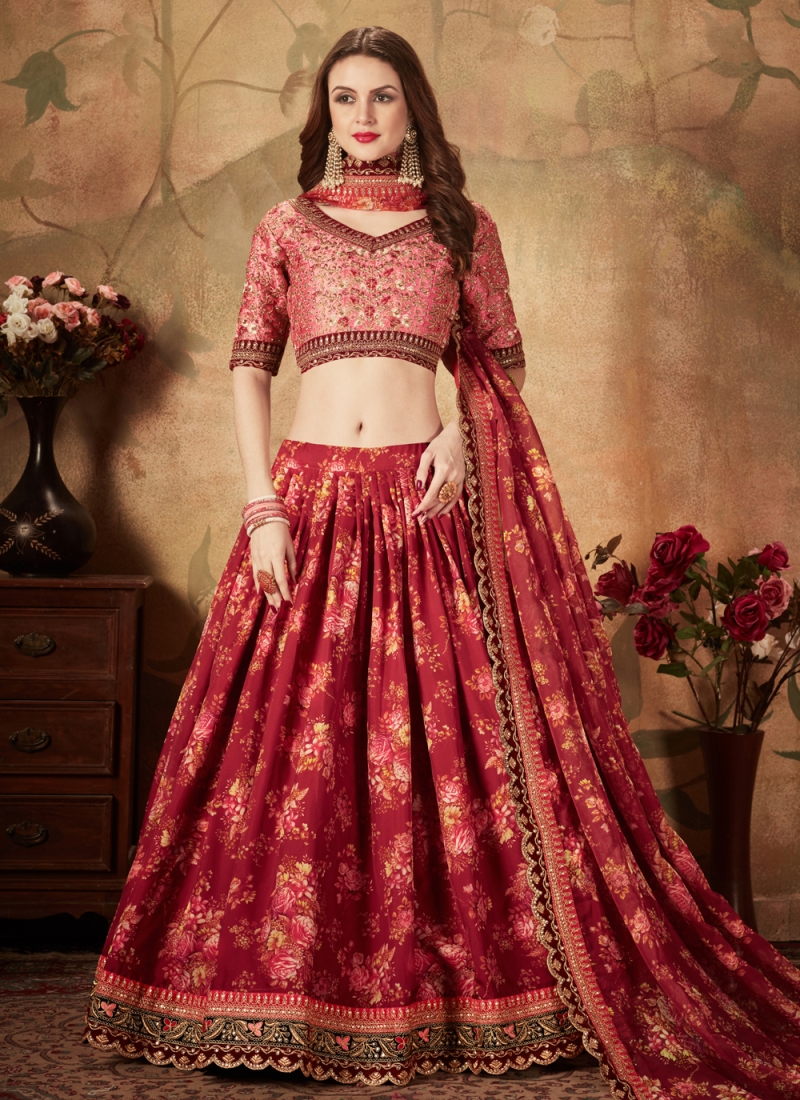 Designer Lehenga Choli Floral Print Organza in Maroon