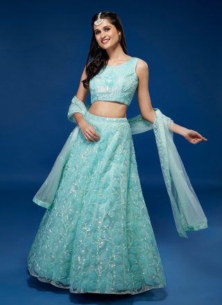 Designer Lehenga Choli Sequins Net in Aqua Blue