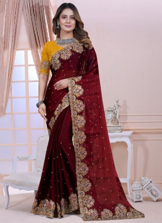 Designer Saree Embroidered Satin Silk in Maroon