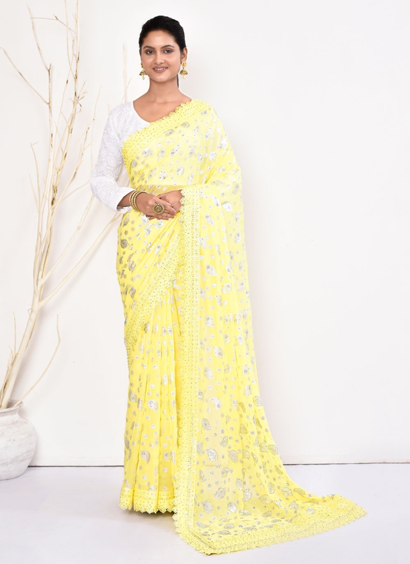Designer Saree Handwork Georgette in Yellow