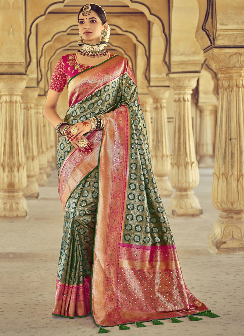 Designer Traditional Saree Handwork Kanjivaram Silk in Green