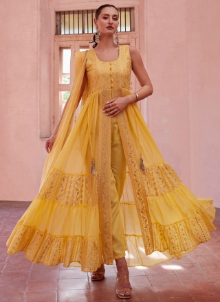 Desirable Georgette Yellow Embroidered Salwar Suit