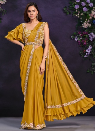 Desirable Moti Mustard Satin Silk Designer Saree
