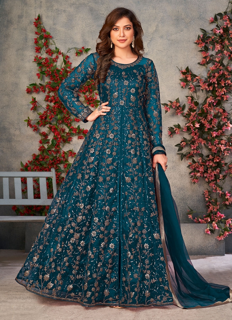 Desirable Teal Embroidered Net Designer Floor Length Salwar Suit