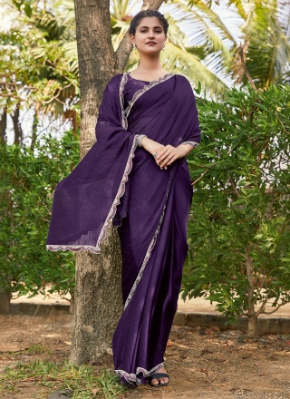 Dilettante Stone Chiffon Purple Trendy Saree