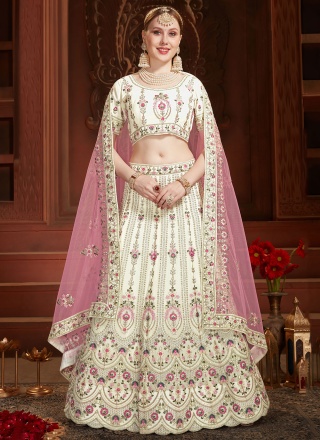 Distinctive Georgette Sequins Off White Lehenga Choli