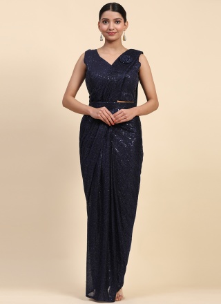 Distinctive Sequins Navy Blue Imported Classic Saree