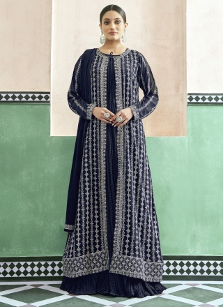 Distinctively Resham Navy Blue Designer Gown