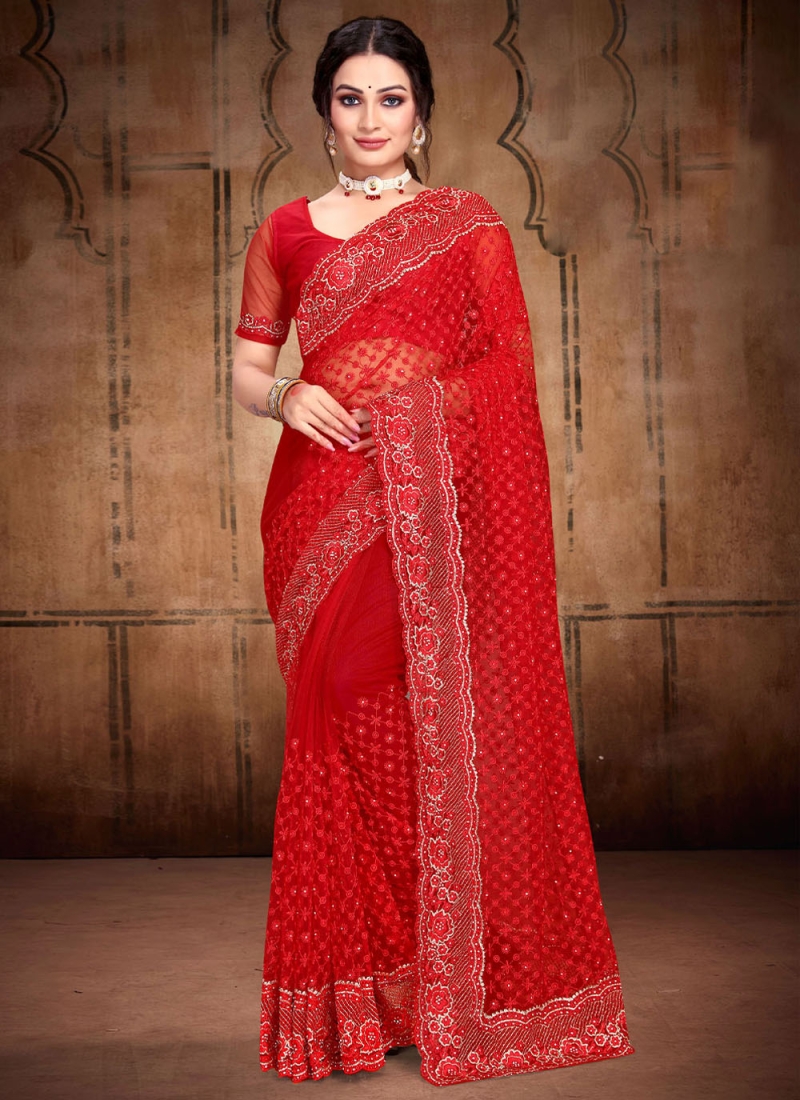 Distinguishable Net Red Embroidered Trendy Saree