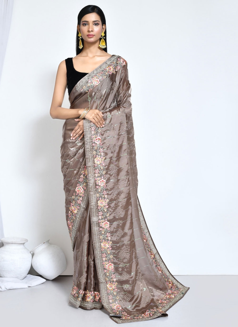 Divine Embroidered Satin Silk Brown Trendy Saree