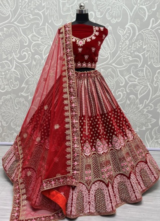 Dori Work Velvet Trendy Lehenga Choli in Red