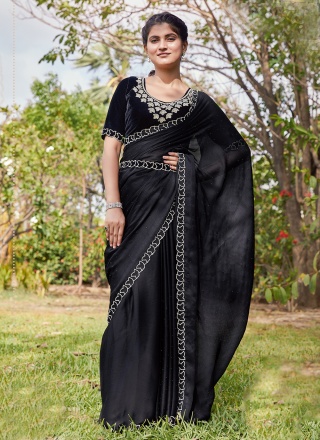 Elegant Black Satin Silk Classic Saree