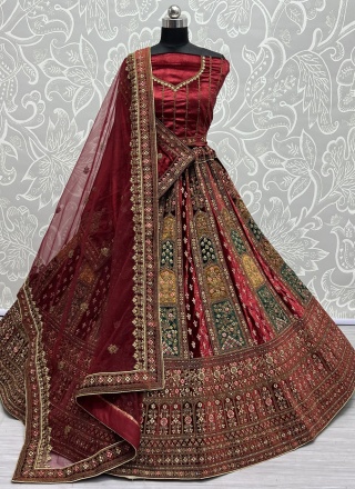 Elite Maroon Embroidered Velvet Designer Lehenga Choli