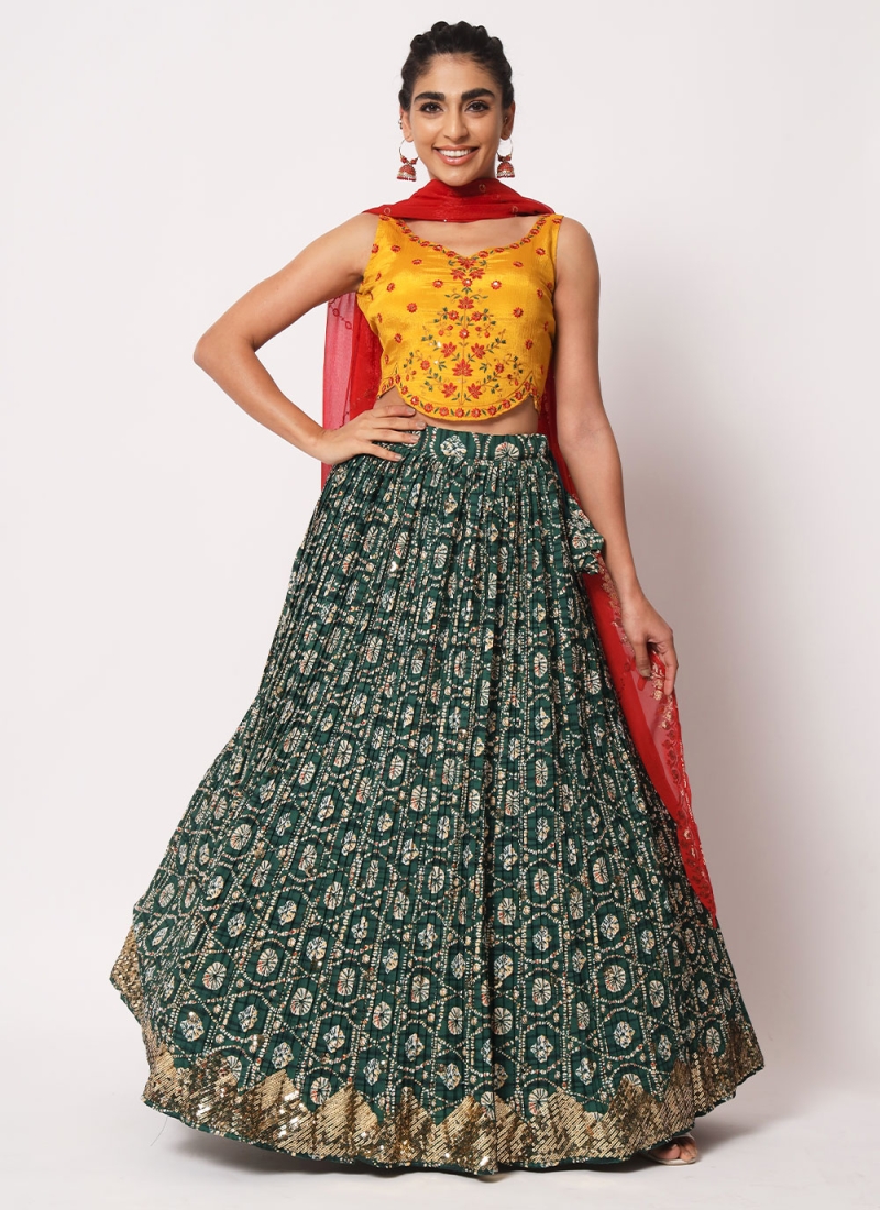 Embroidered Art Silk A Line Lehenga Choli in Green