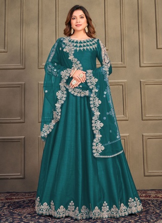 Embroidered Art Silk Anarkali Salwar Kameez in Green