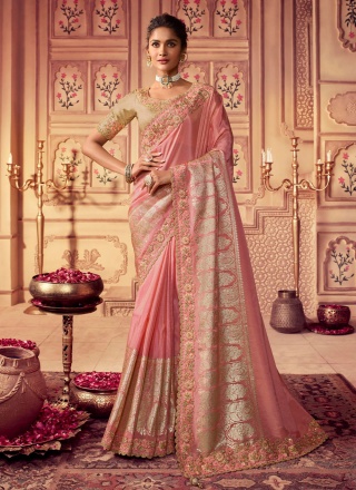 Embroidered Chinon Contemporary Saree in Rose Pink