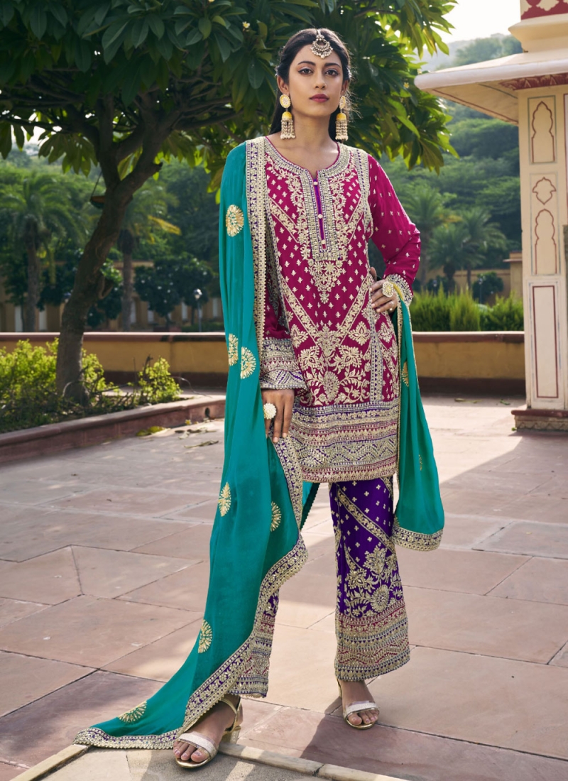 Embroidered Chinon Trendy Salwar Kameez in Rani