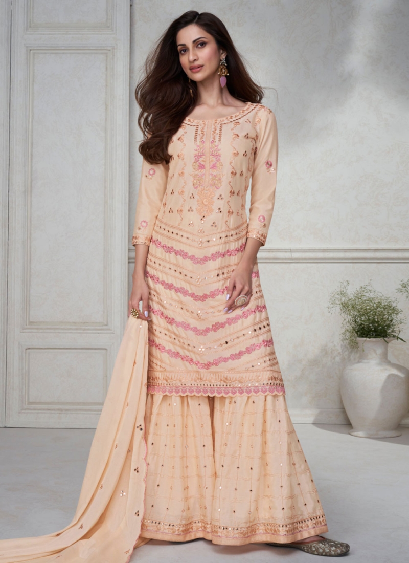 Embroidered Chinon Trendy Salwar Suit in Peach