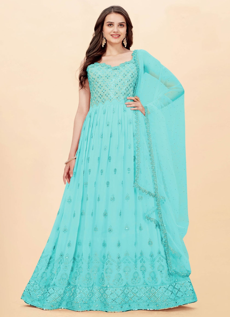 Embroidered Faux Georgette Anarkali Salwar Suit in Blue