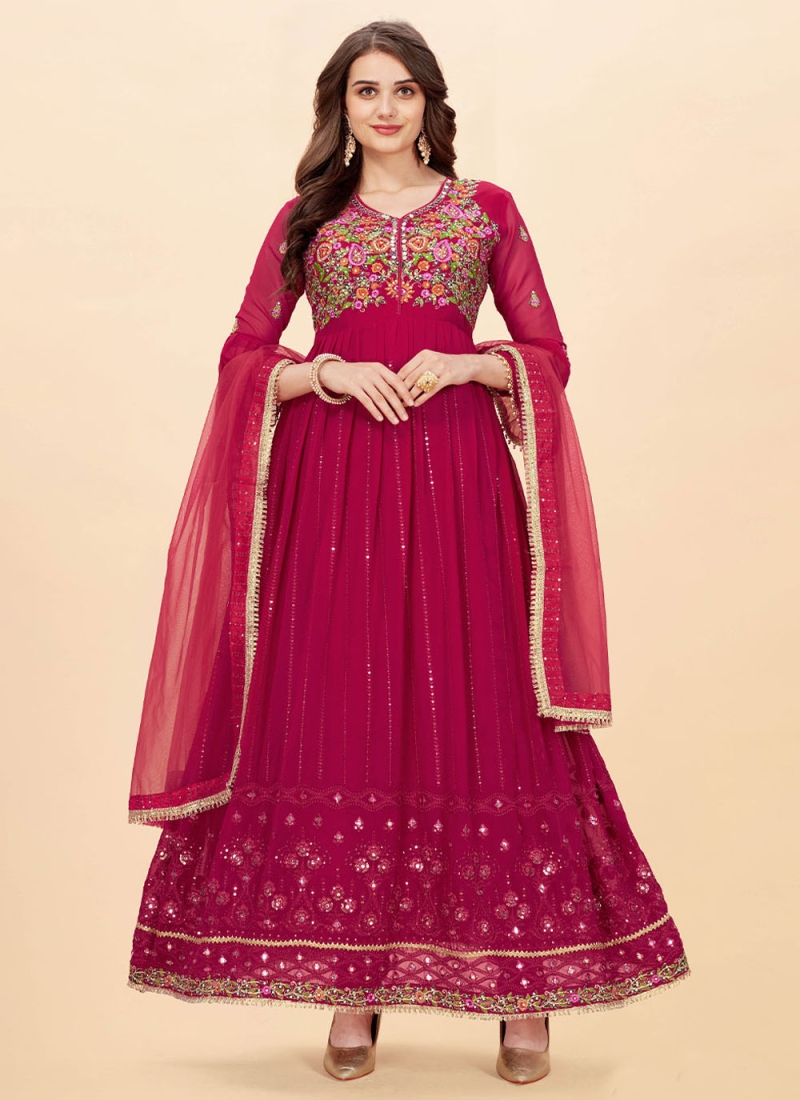 Embroidered Faux Georgette Designer Floor Length Salwar Suit in Rani