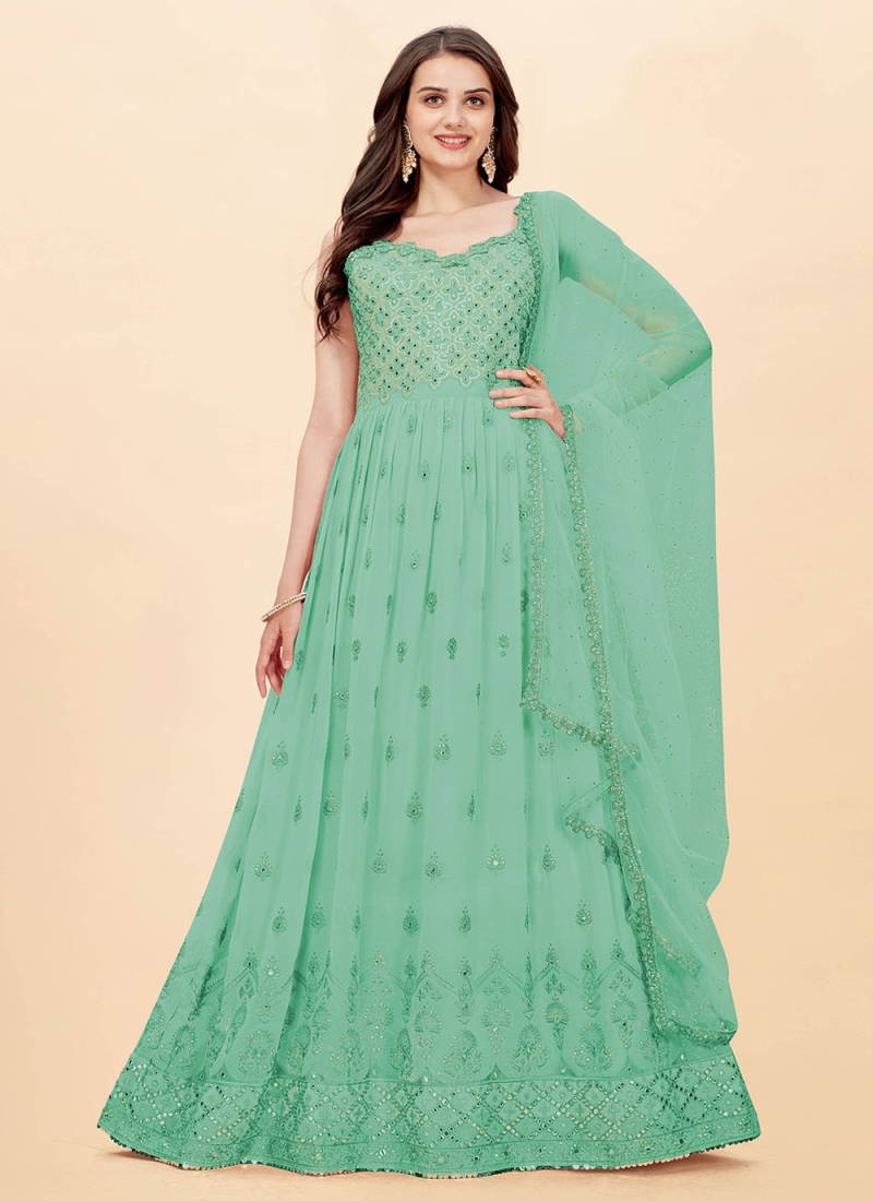 Embroidered Faux Georgette Floor Length Salwar Suit in Green