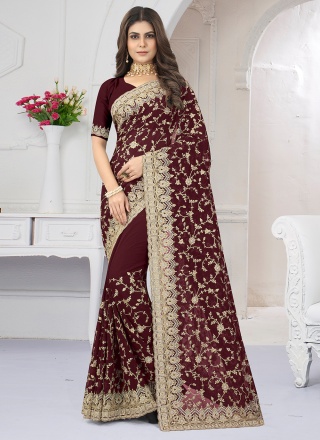 Embroidered Georgette Classic Designer Saree in Maroon