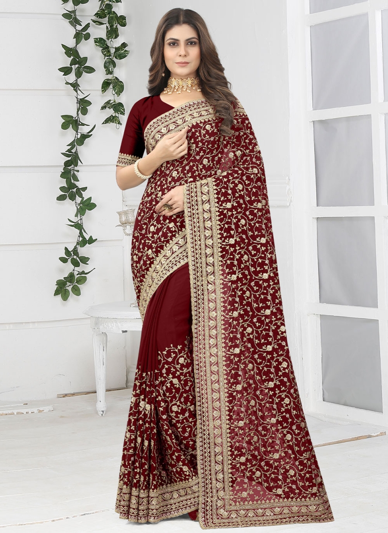 Embroidered Georgette Contemporary Saree in Maroon