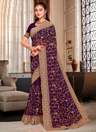 Embroidered Georgette Contemporary Style Saree in Purple