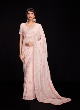 Embroidered Georgette Designer Contemporary Saree in Peach