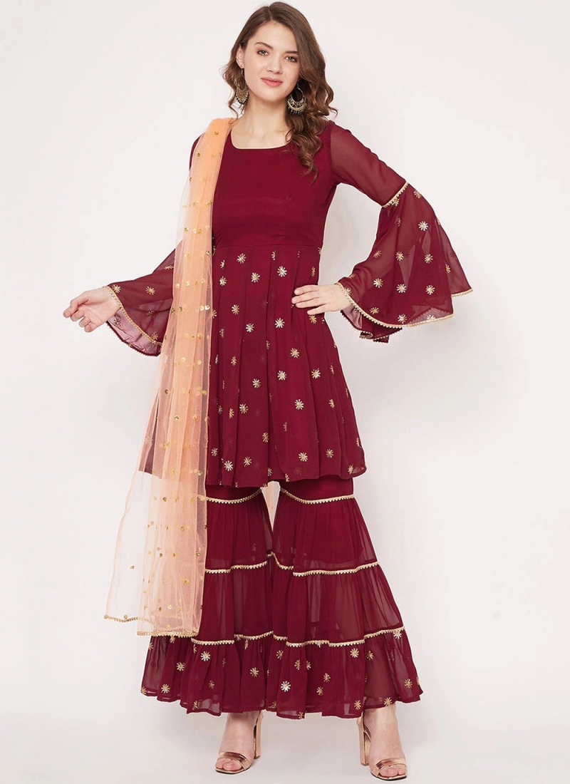 Embroidered Georgette Palazzo Salwar Suit in Maroon