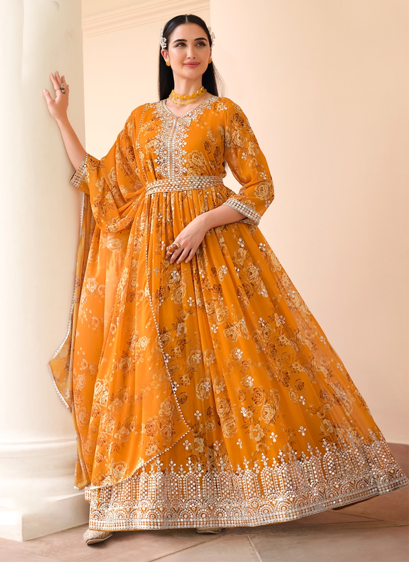 Embroidered Georgette Trendy Salwar Kameez in Mustard