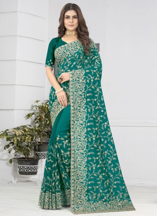 Embroidered Georgette Trendy Saree in Aqua Blue