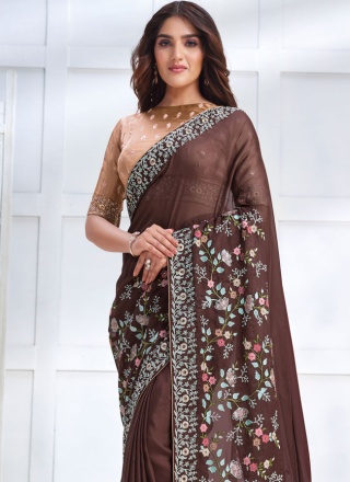 Embroidered Georgette Trendy Saree in Brown
