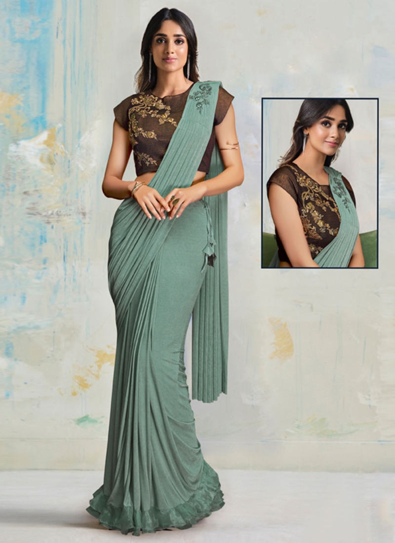 Embroidered Lycra Saree in Sea Green