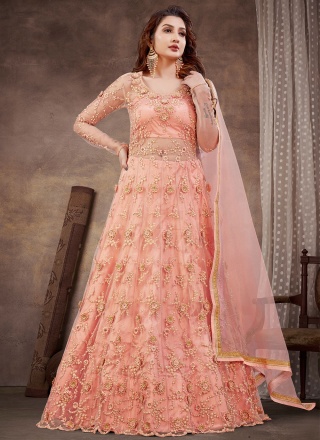 Embroidered Net Floor Length Salwar Kameez in Peach