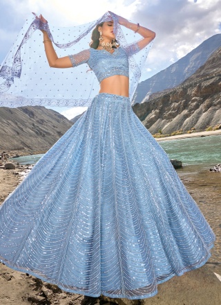 Embroidered Net Trendy Lehenga Choli in Aqua Blue